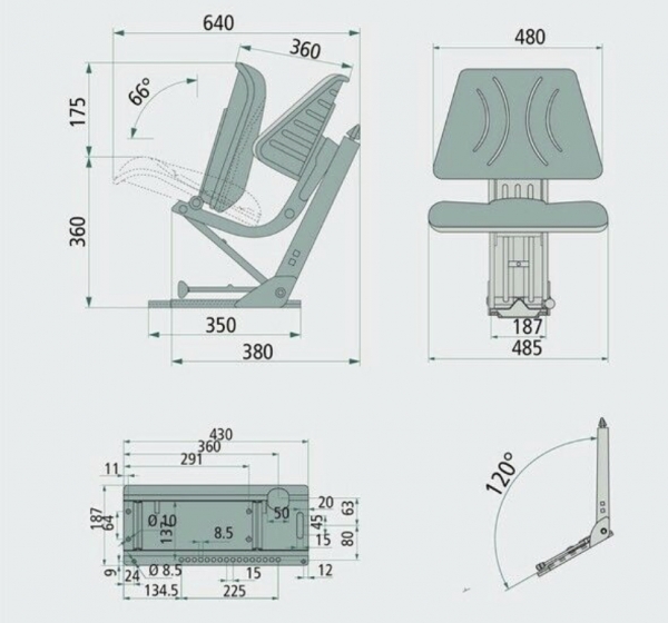 Schleppersitz für schrägen Aufbau, Sitzfläche klappbar, PVC